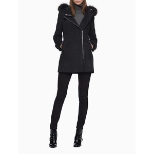 New! CALVIN KLEIN Wool-Blend Hooded Faux Fur Black Coat Jacket XL Zip-Front